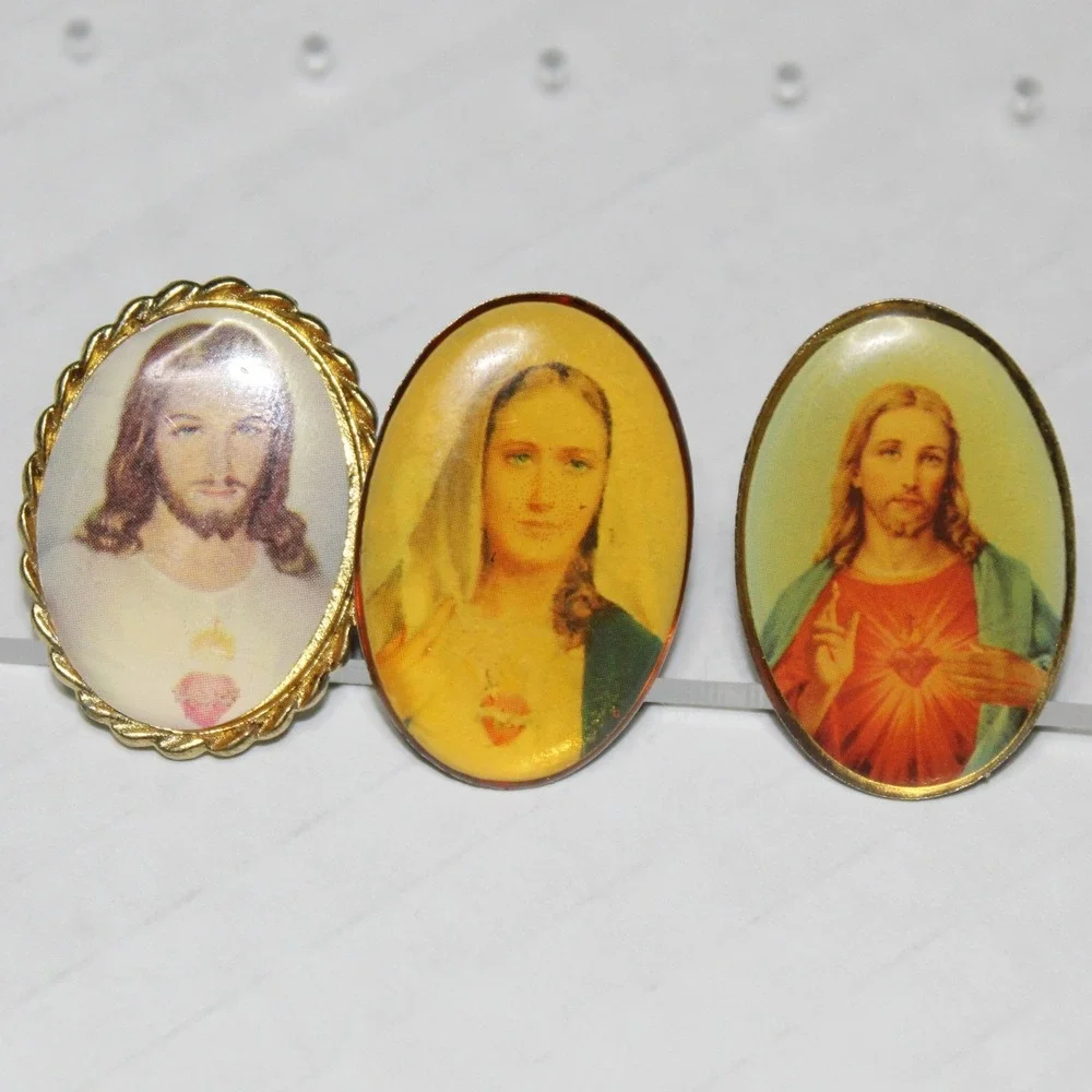Set of 3 Lapel Pin Sacred Heart Jesus Immaculate Heart Mary Gold Religious OS